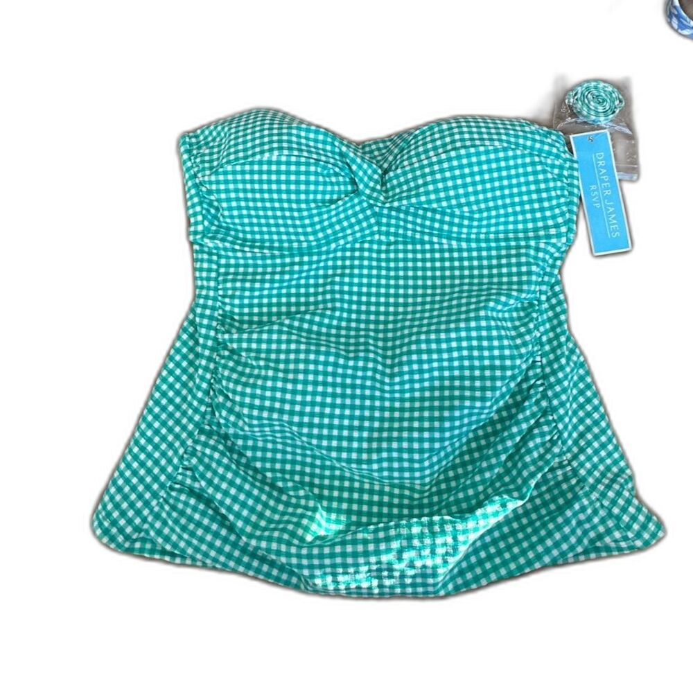 NWT Draper James Green Gingham Seersucker Twist Bandeaukini Tankini Top Size S